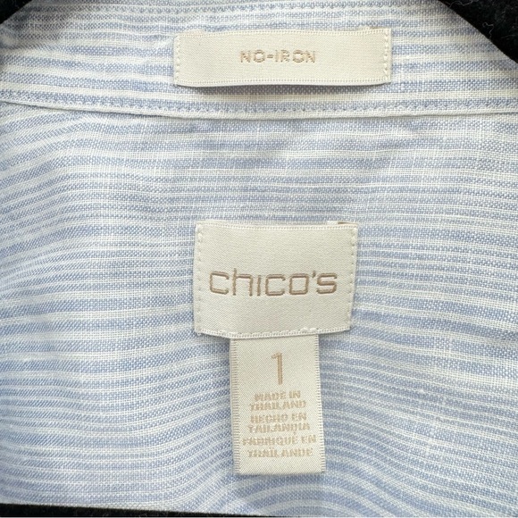 Chico’s NO-IRON Linen Striped Casual button down blue white stripe ladies blouse - Picture 5 of 5